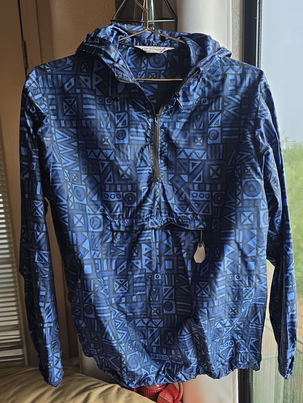 Vintage Sears Blue Geometric Hooded Pullover Utility Windbreaker Jacket Large